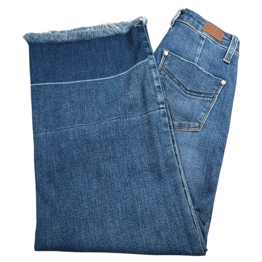 Judy Blue Womens 1/25 Wide Leg Crop 2 Tone Medium Wash Mid Rise Fringe Hem Jeans